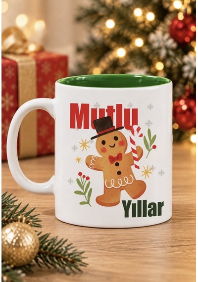 Mesela Yılbaşı Kupası Mutlu Yıllar Desenli Yeşil İçli Hediyelik Kahve Kupa Bardak Beyaz