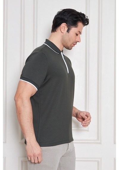 Erkek Jeuss Oysho Kumaş Fermuarlı Yakalı Haki Tshirt