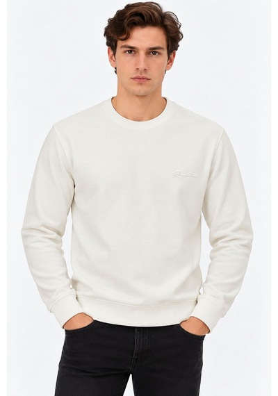 Glow Star Bisiklet Yaka Slim Fit Erkek Sweatshirt - 7777 Beyaz