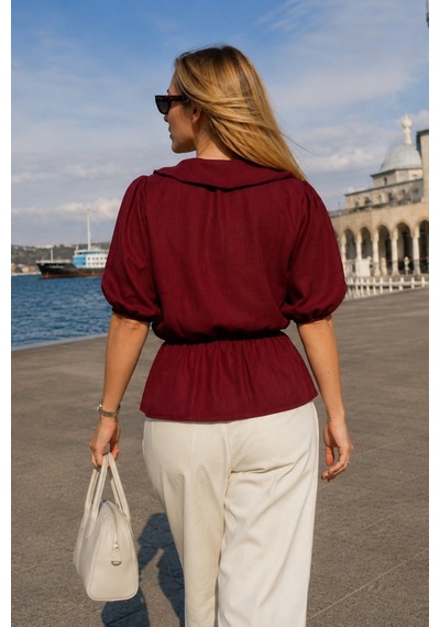 Armonika Kadın Bordo Bebe Yaka Beli Ve Kolları Lastikli Bluz Arm-26y001101