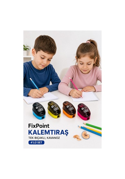 Kalemtraş 4 Adet Hazneli Tek Bıçaklı Fixpoint P-6041 Standart Kalem Açacağı Plastik Kalemtıraş Kalem Traş