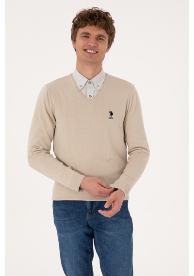 U.S. Polo Assn. Erkek Slim Fit V Yaka Taş Melanj Basic Kazak 50288881-VR225