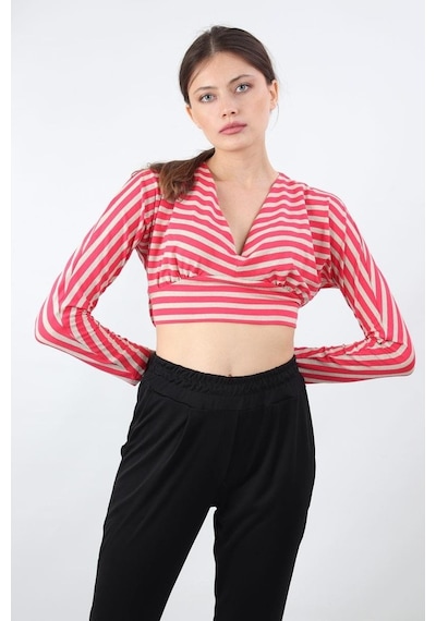 Alexander Gardi Alexandergardı Çizgili Crop Bluz, Bej-Pembe (B19-153401)