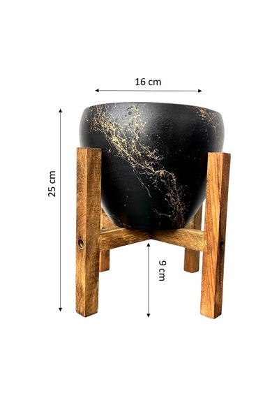 BİTKİ TASARIMI EV DEKORASYON SİYAH ÜZERİ GOLD MERMER EFEKTLİ TOPRAK SAKSI SAKSILIK SALON ÇİÇEKLİK 4 AYAKLI - 15 CM