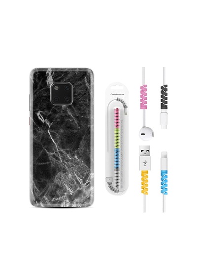 Huawei Mate 20 Pro Kılıf Kablo Koruyuculu Kara Mermer 1375