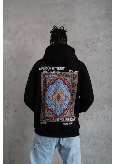 Modi Green Erkek Sokak Stili Siyah Kilim Desen Kapüşonlu