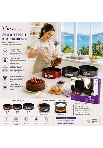 3 Parça Yuvarlak - Renkli Kelepçeli Metal Kek Kalıp 24-26-28cm 12v