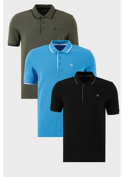 Buratti Pamuklu Slim Fit Şerit Detaylı Düğmeli Polo Yaka 3'Lü Paket Erkek T Shirt 5902118S3 Siyah-Haki-Koyu Mavi