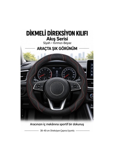 Trobus Ford Transit Connect 2002-2013 Uyumlu Dikmeli Direksiyon Kılıfı Akış Siyah Kırmızı-beyaz Siyah - Kırmızı-beyaz