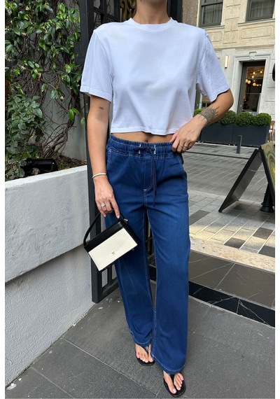Kene Jeans Yüksek Bel/beli Lastikli Bağıcıklı Bol Paça Jeans Lacivert