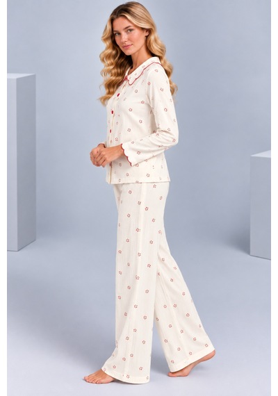 Pijamask Kadın Çiçek Desenli Bebe Yaka Düğmeli Uzun Kollu Müslin Pijama Takımı Krem