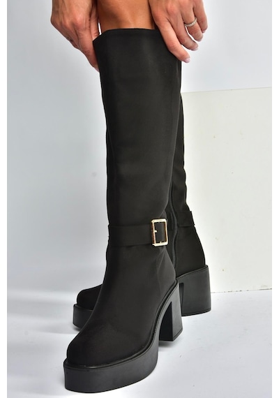 Fox Shoes V726454102 Siyah Süet Kalın Topuklu Klasik Kadın Çizme Siyah-Süet