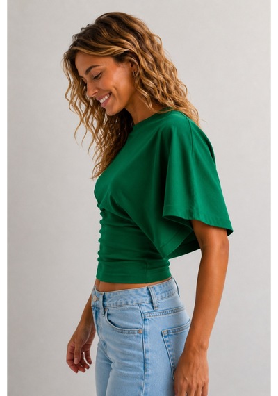 Overmax Bele Oturan Oversize Kollu Premium Crop Bluz Yeşil - 880759104 Yeşil