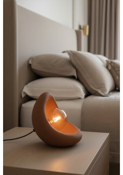 Modern Beton Dokulu Abajur Organik Oval Gece Lambası Masaüstü Komodin Lambası 25 Cm Kahverengi