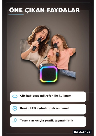 Karaoke Ses Sistemi 2 Kablosuz Mikrofonlu Bluetooth Hoparlör Led Işıklı Bx-316403