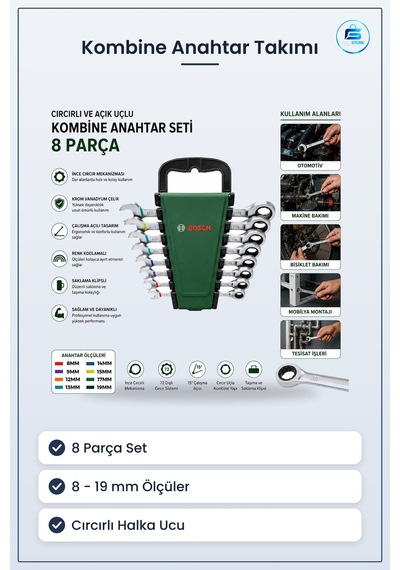 Kombine Anahtar Takımı 8 Parça İla 19 Mm Cırcırlı Krom Vanadyum Ç