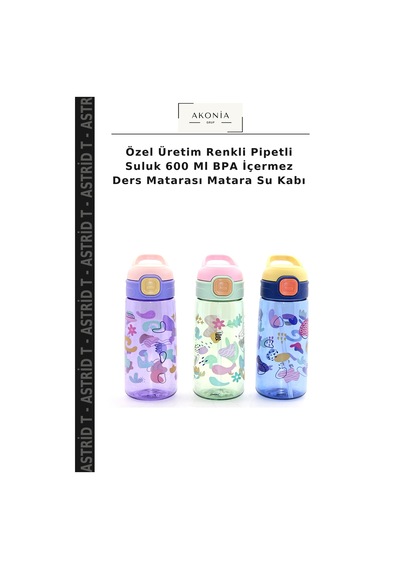 Özel Üretim Renkli Pipetli Suluk 600 Ml Bpa İçermez Ders Matarası Matara Su Kabı Çok Renkli