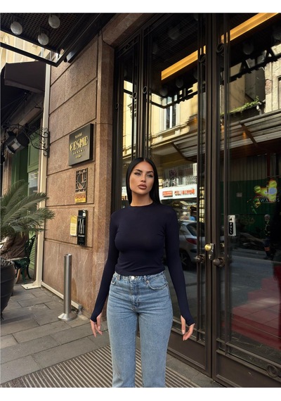 WeShaya Kadın Lacivert Bisiklet Yaka Uzun Kollu Parmak Geçmeli Viskon Badi Tişört Lacivert
