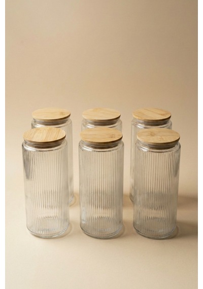 6'lı Set Bambu Vakum Kapaklı Cam Saklama Kabı 1350 Ml Çok Renkli