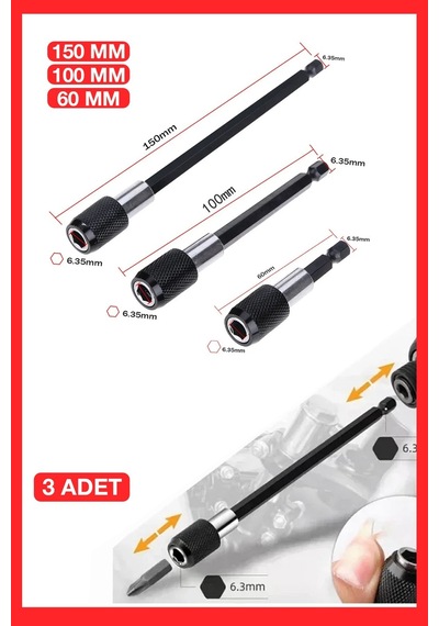 Profesyonel Paslanmaz Vanadium Çelik 6 10 15 Cm 3 Lü Bits Uzatma Adaptörü 3 Adet