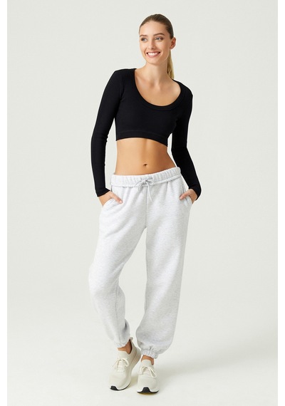 Los Ojos X Melodi Siyah Pamuklu Fitilli Uzun Kollu Crop Spor Bluz Long Sleeve Siyah