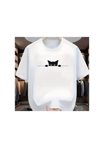 Caddemia Yaz Moda Rahat Gevşek Büyük Sevimli Kedi Desen Baskılı Yuvarlak Yaka Kısa Beyaz 2XL