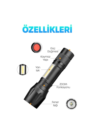 3 Mod Metal Şarjlı El Feneri Zoomlu Mini Boy Type-c Kutulu Cob Led Lamba Acil Durum Işığı 47701 Siyah