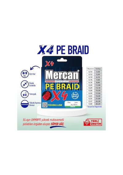 PE Braıd X4 300 M. 1X1 Yeşil Makara Misina