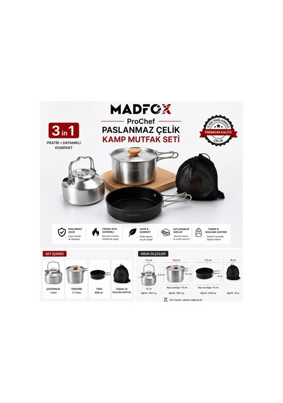 Madfox Prochef 3ın1 Paslanmaz Çelik Kamp Mutfak Seti Çok Renkli