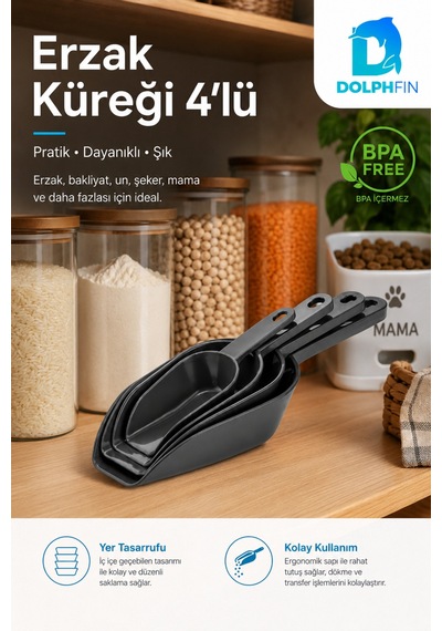 4'lü Erzak Küreği Seti Bakliyat Un Şeker Mama Ölçü Ve Aktarma Küreği Siyah Bpa İçermez