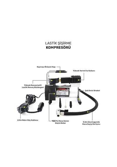Araba Oto Araç Lastik Şişirme Pompası Metal Motorlu Kompresör 150 Psi Çakmaklık Girişli Kompresör