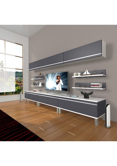 Decoraktiv Eko 8y Mdf Krom Ayaklı Tv Ünitesi Tv Sehpası Beyaz - Antrasit