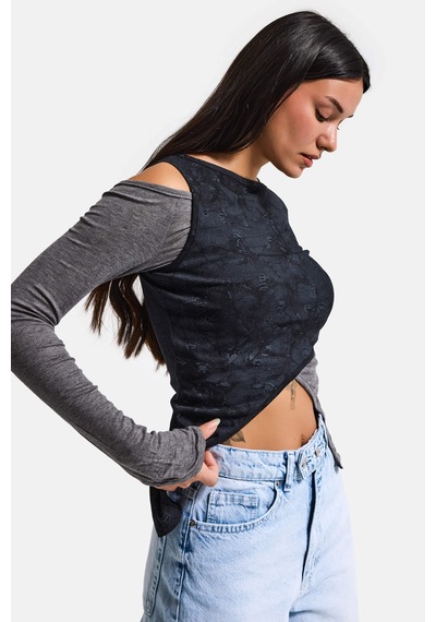 Itsbasic Kadın Siyah W5 Çift Parça Asimetrik Kesim Özel Tasarım Body