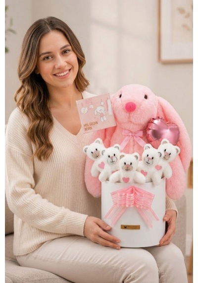 Yenidoğan Kız Bebek Hediyesi Baby Shower Tavşan Uyku Arkadaşı Ve Pembe Peluş Ayıcık Buketi