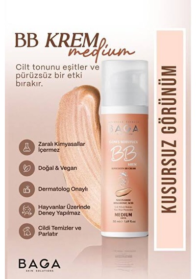 Baga 50+spf Bb Krem Medium Leke Oluşumunu Önlemeye Yardımcı Olur, Aydınlık Ve Canlılık Sağlar