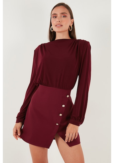 Lela Vatkalı Regular Fit Yırtmaç Detaylı Dik Yaka Mini Boy Bayan Elbise 611El751 Bordo