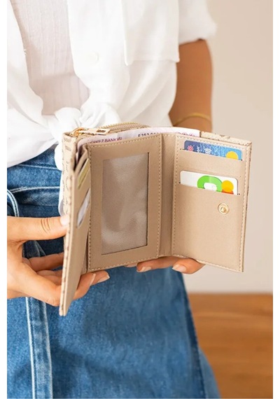 Just Polo Kadın Baskılı Fermuarlı Şık Cüzdan Shopper Kum