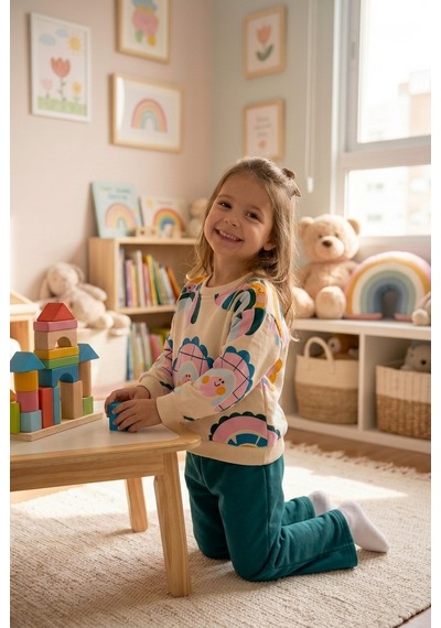Ahengim Kız Çocuk Gökkuşağı Desenli Sweatshirt 2 Li Alt Üst Takım Ak15636 Yeşil