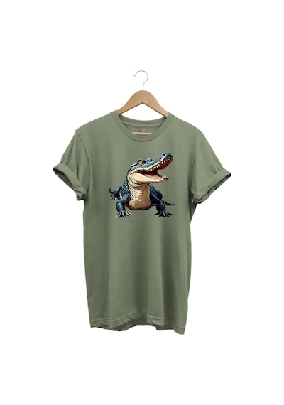 Timsah Baskılı %100 Pamuk Regular Fit T-shirt Haki