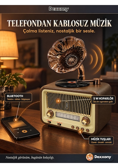 Dexxony Dx-2528 Kahverengi Nostaljik Radyo Retro Gramofon Büyük Boy Şarjlı Bluetooth Hoparlör Fm Usb