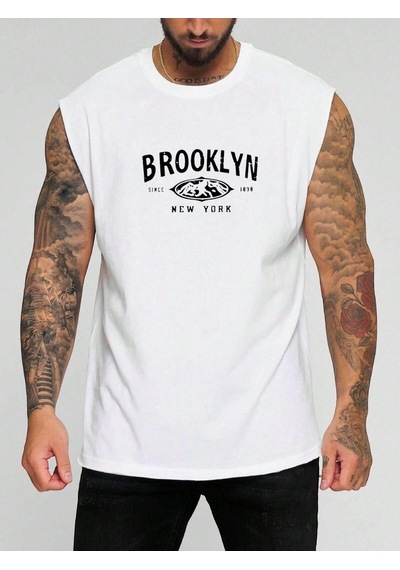 Brooklyn New York Baskılı Kolsuz Tişört BEYAZ