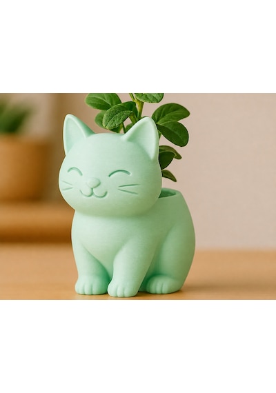 3d Baskı Sevimli Kedi Saksı - Figürlü Sukulent Saksısı-mint
