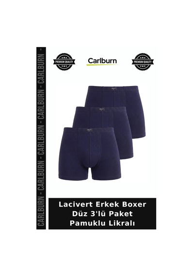 Carlburn Lacivert Erkek Boxer Düz 3'lü Paket Pamuklu Likralı Hediyelik İç Giyim Ürünü Klasik Tarz