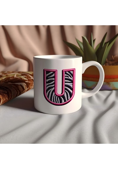 U Harfi Zebra Deseni Ve Pembe Kenarlı Kupa Bardak - Kişiye Özel Nakış Efektli - Siyah Beyaz Pembe Beyaz