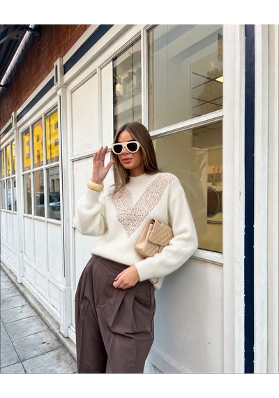 Diva Butik Transparan Detaylı Yumuşak Doku Kazak Açık Bej