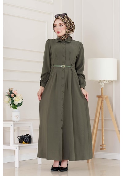 Sevitli Kemerli Tensel Elbise-haki-5039 Haki