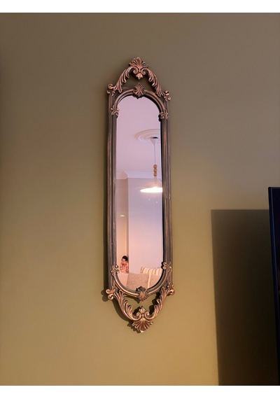 Uzun Oval Dekoratif Duvar Aynası Haki Yeşil & Eskitme Altın Varaklı 80x20 Cm Naturel