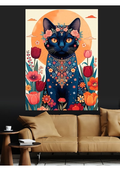 Ahşap Tablo Çiçek Desenli Mistik Kedi