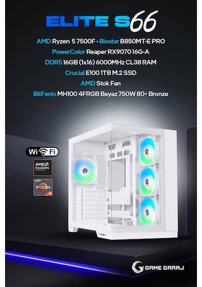 Game Garaj Elite S66 R5-7500F 16 GB 1 TB SSD RX9070 Free Dos Masaüstü Oyuncu Bilgisayarı