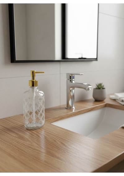 Cam Sıvı Sabunluk 750 Ml Banyo & Mutfak İçin Şık Cam Sabun Dispanseri Altın